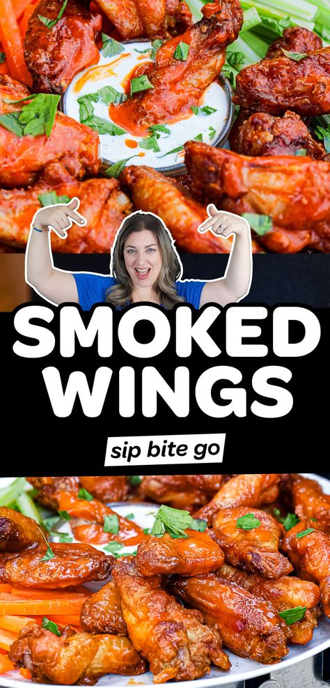 You’ll love the taste of these hot smoked chicken wings with buffalo sauce. This demo with Traeger smoked wings works for any pellet smoker grill. Let’s smoke some wings… | sipbitego.com Smoked Chicken Wings Recipe, Easy Smoker Recipes, Pellet Smoker Recipes, Easy Chicken Wing Recipes, Hot Wing Recipe, Traeger Grill Recipes, Smoked Wings, Smoked Chicken Wings, Smoker Grill