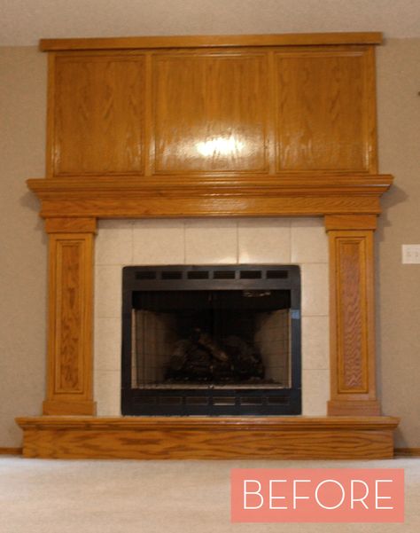 Before and After: An Oak Veneer Fireplace Gets A Makeover » Curbly | DIY Design & Decor Oak Fireplace Ideas, Veneer Fireplace, Wood Fireplace Surrounds, Oak Mantle, Craftsman Fireplace, Tv Over Fireplace, Fireplace Redo, Oak Fireplace, Fireplace Update