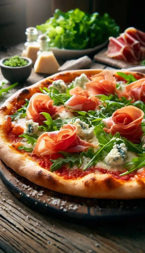 Prosciutto and Arugula Pizza Recipe - World Cuisines Network Arugula Pizza Recipes, Goat Cheese Pizza Recipes, Prosciutto Arugula Pizza, Pizza Burgers Recipe, Cheese Pizza Recipe, Arugula Pizza, Prosciutto Pizza, Goat Cheese Pizza, Making Homemade Pizza