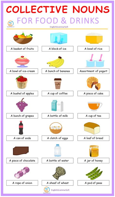 Collective Nouns for Food and Drink | Collective Nouns for Vegetables Santiago, Collective Nouns Pictures, Collective Nouns Activities, List Of Nouns, Nouns For Kids, Collective Nouns Worksheet, Congratulations Wishes, Nouns Activities, Number Worksheet