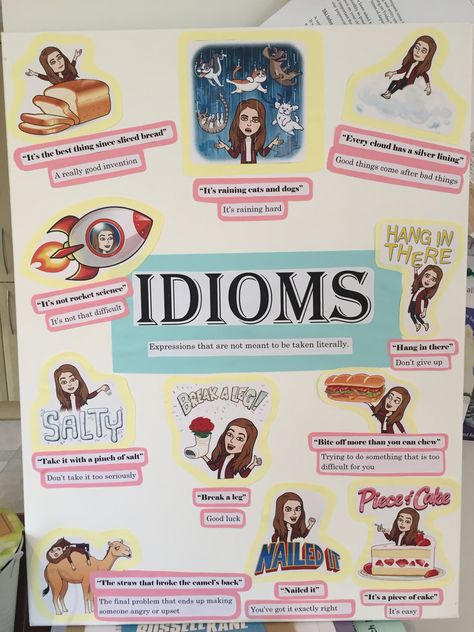 Idioms Project Ideas, English Language Arts Bulletin Boards, English Exhibition Ideas, English Class Ideas, English Language Classroom Decoration, English Project For Exhibition, English Class Decoration, English Grammar Creative Charts, English Exhibition Ideas For School