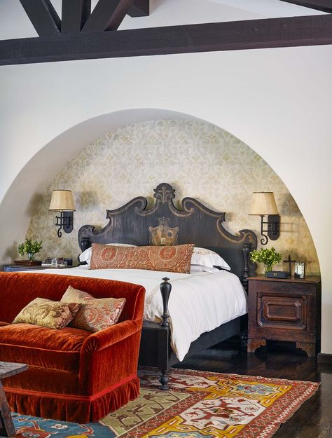 Room, Bedroom, Furniture, Property, Interior design, Wall, Bed, Architecture, Living room, Building, Spanish Bedroom, Madeline Stuart, Spanish Revival Home, Spanish Hacienda, Dining Room Ceiling, Hacienda Style, Spanish Style Homes, Spanish Revival, Spanish House