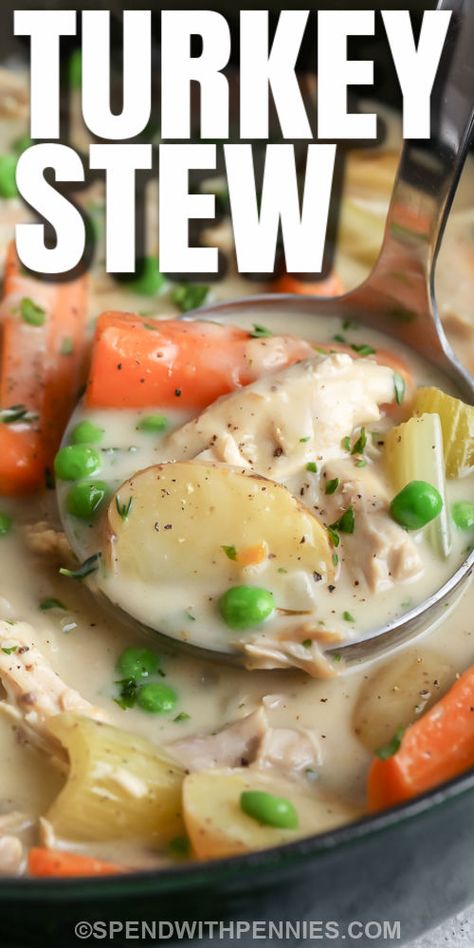 Everyone will love this turkey stew recipe. Made with vegetables like peas, carrots, & potatoes, and turkey meat; it is so delicious and hearty! Are there extra veggies in the fridge? Add them into the stew, pretty much anything goes! Make it on the stovetop or in the crockpot any day of the week! This budget-friendly stew is the best way to use up leftover turkey from the holidays. Freeze a batch of this filling stew or enjoy it all week long for lunch! #spendwithpennies #turkeystew #recipe Creamed Turkey, Turkey Stew, The Stew, Turkey Soup Recipe, Carrots Potatoes, Turkey Casserole, Crockpot Turkey, Leftover Turkey Recipes, Turkey Soup