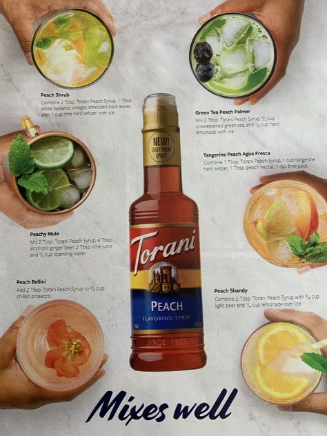 Torani Peach Syrup Cocktails Torani Alcohol Drinks, Torani Drinks, Torani Cocktails, Drinks With Torani Syrup, Torani Syrup Recipes Drinks, Torani Syrup Recipes Lemonade, Peach Torani Syrup Recipes, Peach Syrup Cocktail, Torani Syrup Cocktail Recipes