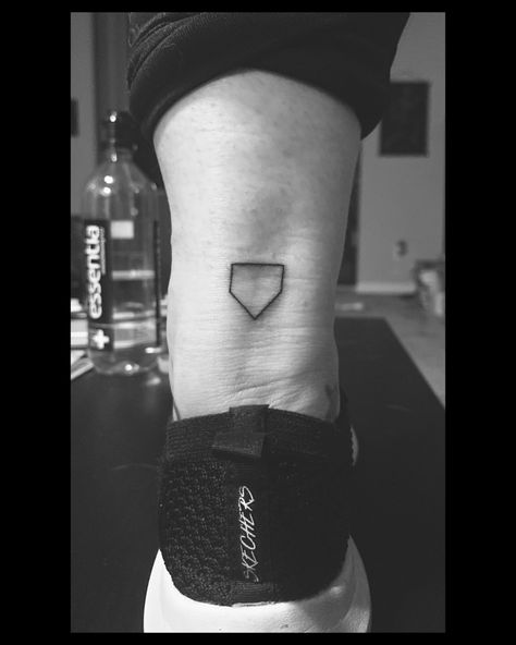 Home plate tattoo on ankle Baseball Tattoos Ideas, Baseball Related Tattoos, Cool Baseball Tattoos, Baseball Home Plate Tattoo, Baseball Softball Tattoo, Fine Line Baseball Tattoo, Matching Baseball Tattoos, Baseball Number Tattoo, Baseball Tattoos For Women Simple