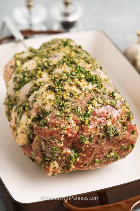 A tender leg of lamb is the perfect meal for Easter dinner or Sunday supper! A boneless leg of lamb is rubbed with a delicious fresh herb mixture and roasted to perfection using the step-by-step reverse sear technique. This is the best lamb recipe we've ever had! #spendwithpennies #legoflamb #roasted #Easter Herb Crusted Leg Of Lamb, Lamb Thigh Recipe, Leg If Lamb Recipe, How To Cook Boneless Leg Of Lamb, Let Of Lamb Recipe, Boneless Roast Lamb Recipes, Lamb Leg Recipes Grill, Roasted Boneless Leg Of Lamb Recipes, Stuffed Boneless Leg Of Lamb Recipes