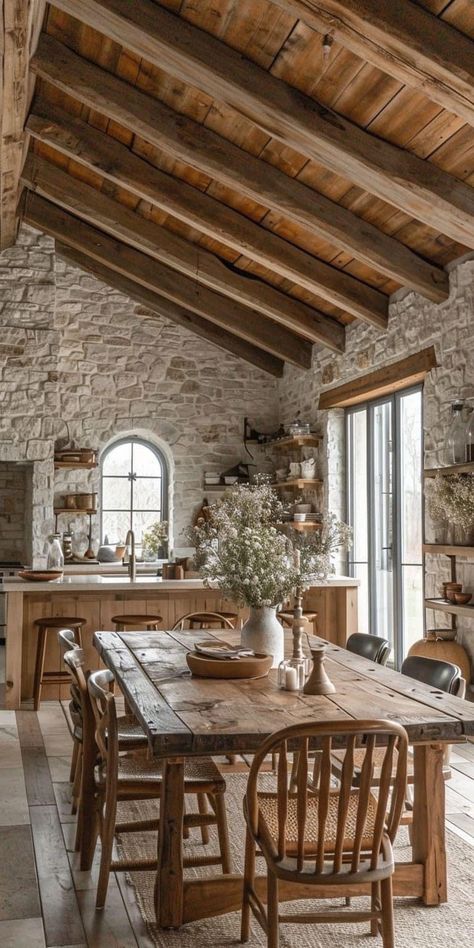 Farmhouse Trends, Interior Design Per La Casa, Rustic Kitchen Design, Kitchen And Dining Room, French Country Kitchen, Stone Walls, Dream House Interior, Stone House, Dream House Decor