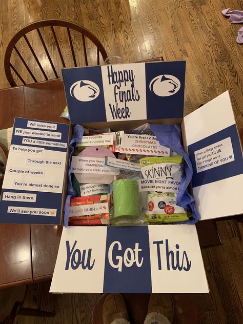 State Send Off Ideas, College Finals Week Care Packages, Finals Care Package College, Finals Care Package Ideas, Back To School Care Package, College Finals Care Package, Finals Week Care Package, Penn State Crafts, College Gift Boxes