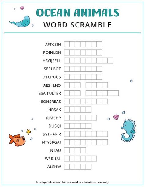 Ocean Animals Word Scramble Printable Under The Sea Word Search, Ocean Worksheets For Kids, Ocean Theme Games, Ocean Word Search, Word Scramble For Kids, Science Word Search, Word Unscramble, Ocean Games, Word Puzzles For Kids