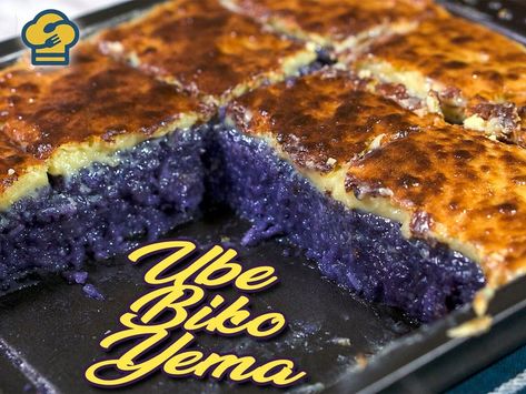 Ube Biko Yema Recipe | custard, custard, dessert, dessert | Enjoy three of your favorite desserts in one bite! Ube Biko Yema is a combination of Biko Kalamay with ube flavor topped with creamy yema custard brulée. | By aMIAble foods Yema Recipe, Ube Biko, Filipino Desserts, First Bite, Favorite Desserts, Custard, Banana Bread, Cake Recipes, Bread