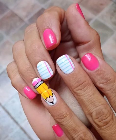 40+ Cute Back to School Nail Art for Girls - HubPages Short Acrylic Nails Teacher, Back To School Manicure Ideas, Cute Teacher Nail Designs, Nail Art Teacher, Back To School Kid Nails, School Theme Nail Art, Teacher Nails Short, Nails For Teachers Back To School, Kindergarten Nail Designs