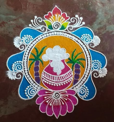 Rangoli Designs For Pongal, Pongal Drawing, Pongal Muggulu, Pongal Rangoli Design, பொங்கல் கோலம், Makara Sankranti, Sankranti Muggulu, Door Rangoli, Rangoli Photos