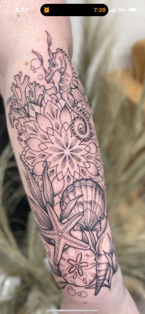 Mandala Tattoo Women Leg, Nautical Half Sleeve Tattoos For Women, Seashell Arm Tattoo, Flowers And Ocean Tattoo, Mandala Sea Tattoo, Feminine Ocean Sleeve Tattoo, Arm Tattoos For Women Ocean, Jelly Fish Arm Tattoos, Big Ocean Tattoo