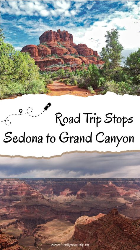 Discover the ultimate road trip route from picturesque Sedona to the awe-inspiring Grand Canyon. Uncover tips on planning your Arizona scenic drive, must-see spots along the way, and hidden gems in northern Arizona leading up to the magnificent Grand Canyon. Use our itinerary planner at familyroadtrip to inspire your own southwest family road trip adventure this year! Sedona And Grand Canyon Itinerary, Sedona Grand Canyon Itinerary, Road Trip From Phoenix To Grand Canyon, Road Trip Grand Canyon, Sedona To Grand Canyon, Us Family Vacations, Sedona Vacation, Sedona Travel, Slide Rock State Park