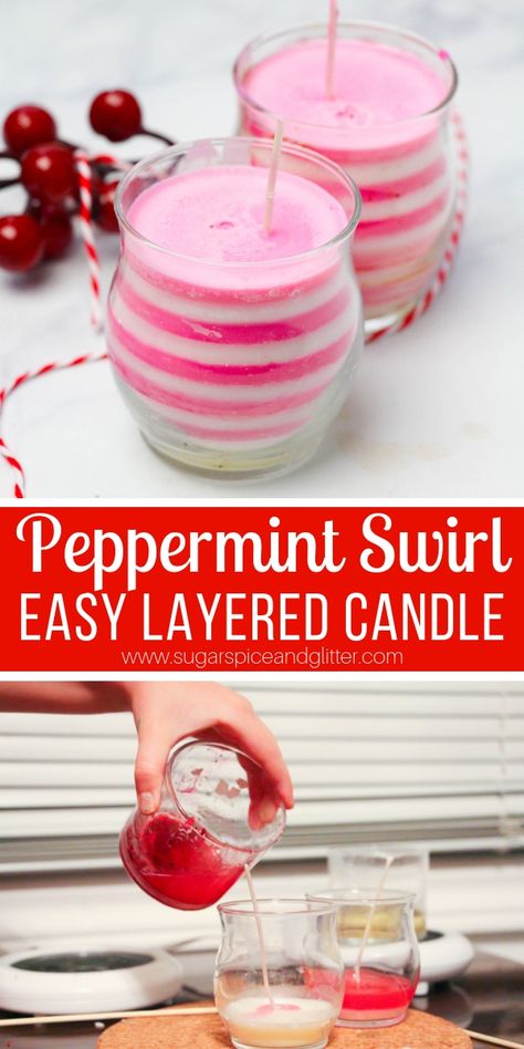 How to make a peppermint swirl candle - with kids! This easy homemade Christmas gift smells amazing and is super easy to make with just a few inexpensive materials Candy Cane Candles Diy, How To Make Swirl Candles, Peppermint Candles Diy, Christmas Candle Diy Ideas, How To Make Candle Wax Melts, Christmas Candle Making, Diy Peppermint Candle, Homemade Christmas Candles, Diy Christmas Candles