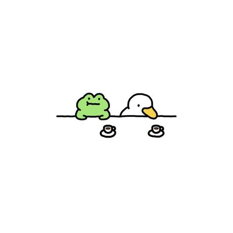 Frog Cute Doodle, Duck Doodle Cute Easy, Cute Frog Doodles Aesthetic, Mini Frog Drawing, Cute Drawings Frogs, Cute Animal Friends Drawing, Art Coffee Drawing, Duck Doodle Tattoo, Frog And Duck Tattoo