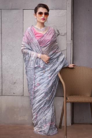 Shop for Ruar India Grey Tissue Embroidered Saree With Blouse for Women Online at Aza Fashions Embroidered Saree, Embroidery Saree, Blouse For Women, Sequins Embroidery, Fashion App, Pink Saree, Blouse Online, Saree With Blouse, Designer Gowns