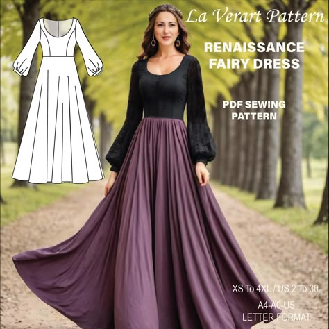 Designed for those who adore medieval, boho, and gothic styles, this long sleeve gown is perfect for Renaissance fairs, cosplay events, or unique costumes. With detailed instructions, this pattern allows you to craft a stunning dress that embodies the magic and elegance of the Ren faire era.  "Click here to view our current models and see the latest products at discounted prices." https://www.etsy.com/shop/LaVerartDesign?ref=profile_header ❖ Compatible with all woven fabrics. ❖ 8 meters of fabri Sewing Pattern Long Sleeve, Long Dress Sewing Patterns, Gothic Cosplay, Ren Faire Costume, Simple Dress Pattern, Viking Sewing, Unique Costumes, Costume Patterns, Long Sleeve Gown