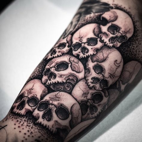 Eleven skulls. | By Arang Eleven | Done at Seoul Ink Tattoo Studio | Dec 18th 2019 | 1262690 Scary Filler Tattoo, Real Skull Tattoo, Bones Sleeve Tattoo, Negative Skull Tattoo, Skulls Stacked Tattoo, Skulls Tattoos For Men, Skull Dotwork Tattoo, Creepy Beautiful Tattoo, Stacked Skulls Tattoo