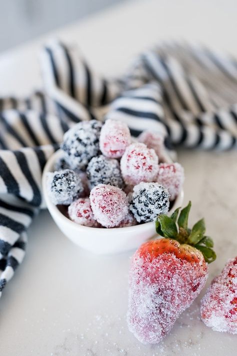 frosted or sugar coated strawberries, raspberries and blackberries Coated Strawberries, Mixed Berry Crisp, Sugared Berries, Live Well Bake Often, Trifle Dessert Recipes, Cooking With Karli, Berry Crisp, Sugar Frosting, Sugared Cranberries