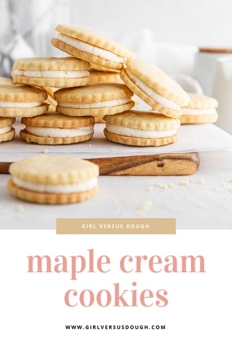 Maple Cream Filled Cookies, Maple Leaf Sandwich Cookies, Maple Cream Sandwich Cookies, Maple Thumbprint Cookies, Maple Cream Cookies, Easy Desserts Recipes, Maple Buttercream Frosting, Maple Desserts, Cream Filled Cookies