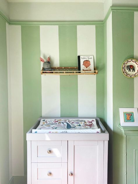 This Nursery’s Budget Alt to Wallpaper Doesn’t Sacrifice Whimsy Stripes Wall Paint, Painted Stripes On Wall, Painting Stripes On Walls, Decorating Nursery, Nursery Wall Painting, Striped Nursery, Stripe Wall, Baby Room Ideas, Striped Room