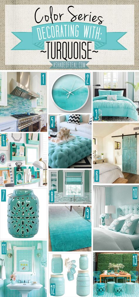 Color Series; Decorating with Turquoise. Turquoise, teal, aqua, blue green home decor. | A Shade Of Teal Aqua Bedrooms, Teal Home Decor, Turquoise Room, Bedroom Turquoise, Turquoise Decor, Deco Originale, Trendy Living Rooms, Shades Of Teal, Green Home Decor