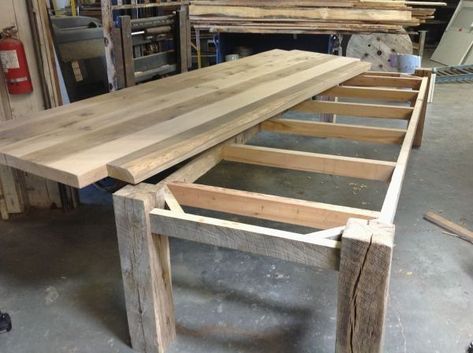 Pavilion Ideas, Diy Picnic, Table Redo, Plank Table, Farmhouse Tables, Pool Room, Wood Table Bases, Reclaimed Wood Table, Outdoor Pavilion