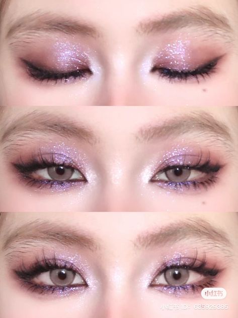 Sailor Moon Eye Makeup, Smoky Purple Eye Makeup, Korean Purple Makeup, Purple Douyin Makeup, Violet Eye Makeup, Aesthetic Eye Makeup, Fae Ball, Eyeshadow Purple, Makeup 2024