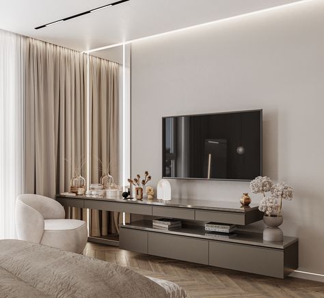 Design project bedroom on Behance Bedroom Tv Wall, Living Area Design, Bedroom Tv, Bedroom Interior Design Luxury, Luxury Living Room Design, Tv In Bedroom, Tv Wall Design, Bedroom Decor Design, Interior Modern