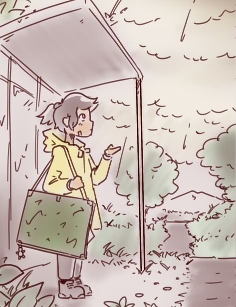 Bus Stop Sketch, Bus Stop Drawing, Rain Sketch, Yellow Rain Coat, Rough Drawing, Bus Drawing, Drawing Of A Girl, Under The Rain, Always Late