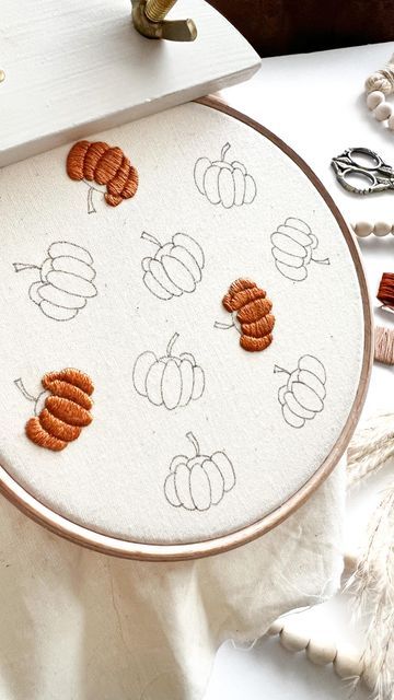 Pumpkin Hand Embroidery Patterns Free, How To Embroider A Pumpkin, Cute Fall Embroidery, Pumpkin Embroidery Patterns Free, Hand Embroidery Pumpkin, Fall Hand Embroidery Patterns, Embroidery Designs Halloween, Fall Leaf Embroidery, Autumn Embroidery Designs