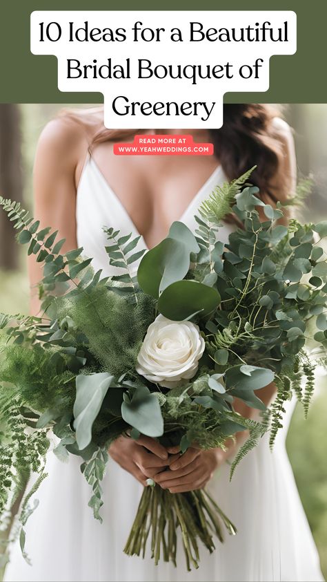 A lush bridal bouquet of greenery featuring elegant eucalyptus, ferns, and other natural foliage, showcasing an eco-friendly and stylish arrangement perfect for a modern wedding. Wedding Bouquet Foliage, Wedding Bouquets Fern, Woodsy Bridal Bouquet, Foliage Bouquet Wedding, Eucalyptus Bouquet Bride, Bridal Bouquet Greenery, Eucalyptus Bouquets, Greenery Bridal Bouquet, Fern Bouquet