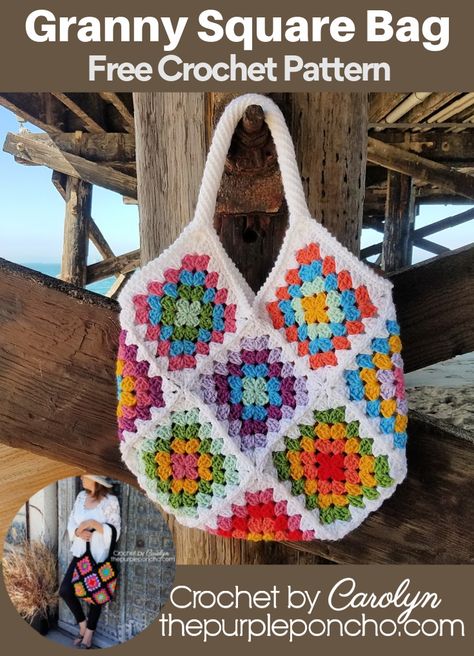 Trendy Crochet Projects Free, Crochet Grocery Bags Free Patterns, Free Crochet Pattern Head Scarf, Crochet Pattern Granny Square Bag, Granny Square Crochet Bags Free Patterns, Granny Square Crochet Pattern Purse, Crochet Boho Bag Pattern Free Granny Squares, Granny Square Bag Crochet Pattern Free, Crocheted Granny Square Bag