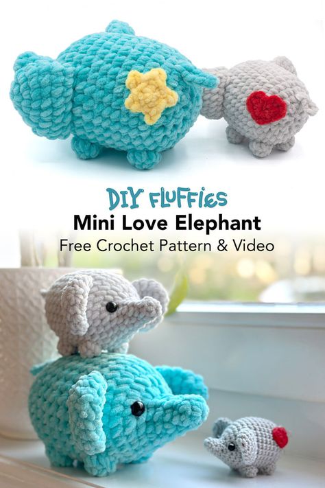 Crochet an adorable elephant Amigurumi using the free pattern and video from DIY Fluffies. This project is simple and quick, making it ideal for beginners who want to learn how to crochet plush animals. The pattern only requires sewing the legs on, and you can easily follow the step-by-step video included in the free pattern to make your cute elephant plush toy." Crochet Elephant Pattern Free, Elephant Amigurumi, Crochet Elephant Pattern, Elephant Plush Toy, Crochet Toys Free Patterns, Amigurumi Plush, Crochet Toys Free, Crochet Baby Toys, Crochet Elephant