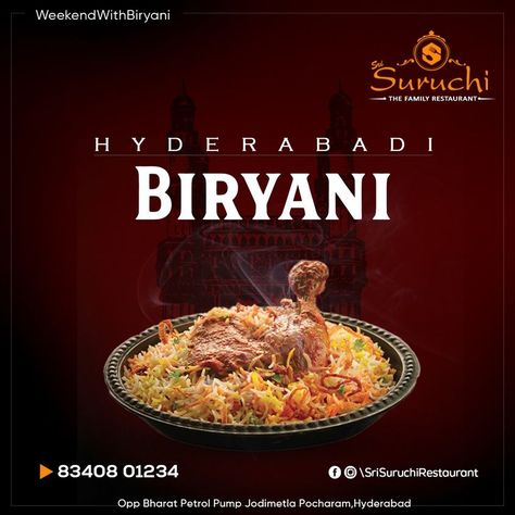 Hyderabadi Biryani | Sri Suruchi Restaurant Hyderabadi Biryani Photography, Hyderabadi Biryani, Posters Layout, Lunch Invitation, Graphic Design Posters Layout, Cloud Kitchen, Menu Card Design, Petrol Pump, Dum Biryani