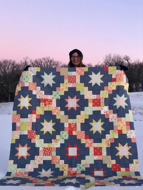 Brightly patchwork quilt with stars set on a blue chambray background Brightly Quilt, Patchwork Quilting Designs, Slow Sunday, Cluck Cluck Sew, Layer Cake Quilts, Scrap Quilt Patterns, Tree Quilt, Star Quilt Patterns, Scrappy Quilt