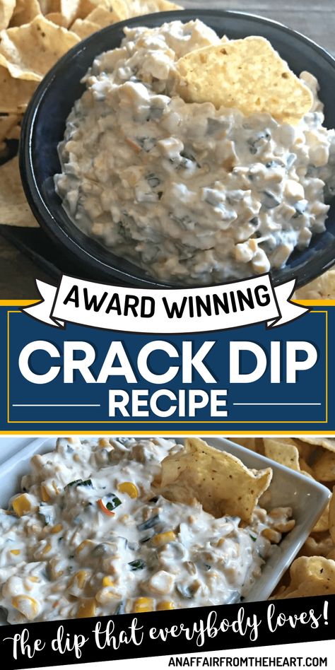 Creamy corn dip with just a little bit of jalapeno heat - this (Award Winning) Crack Dip Recipe has been deemed everyone's FAVORITE DIP for years! When I say this is the #BestDipRecipe, I'm not exaggerating. It's not "Award Winning" for nothing! Best Chip Dip, Summer Dip Recipes, Creamy Corn Dip, Chip Dip Recipes, Best Dip Recipes, Corn Dip Recipes, Party Dip Recipes, Delicious Dips Recipes, Best Chips