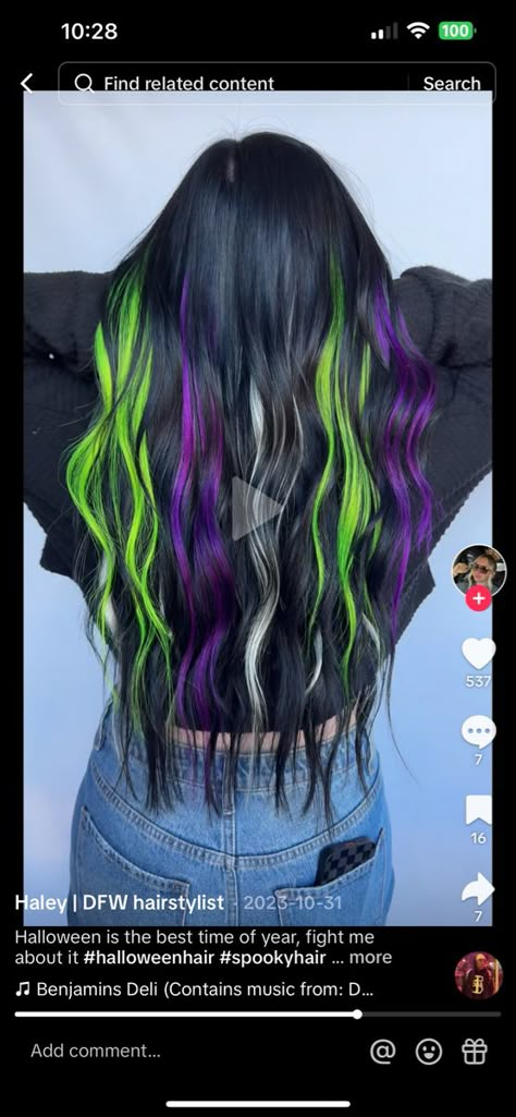 Vivid Hair Color With Black, Black Green Purple Hair, Black And Vivid Hair, Hair Color Wheel Charts, Beetlejuice Hair Color, Halloween Hair Color Ideas For Dark Hair, Colored Extensions Ideas, October Hair Color Ideas, Beetle Juice Hair