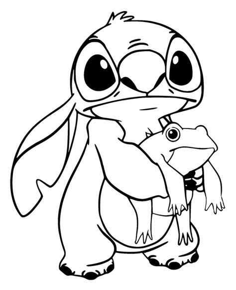 Stitch Holding a Frog Coloring Page Lilo I Stitch, Ako Kresliť, Stitch Coloring, Disney Coloring Sheets, Lilo En Stitch, Angel Coloring Pages, Stitch Coloring Pages, Frog Coloring Pages, Lilo And Stitch Drawings