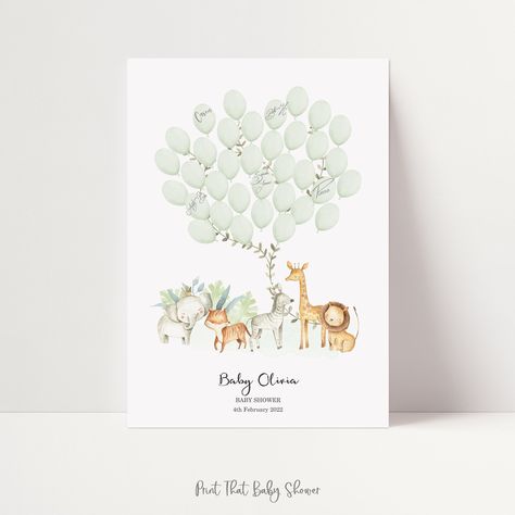 Guest Book Fingerprint, Tree Balloon, Baby Shower List, Baby Shower Fingerprint, Fingerprint Guestbook, Elephant Safari, Floating Balloons, Fingerprint Tree, Baby Shower Giraffe