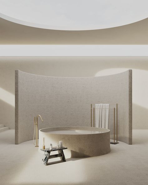 Bathtub Bedroom, Circular Bathroom, Brutalist Interior, Stone Furniture, Spa Interior Design, Minimalist Space, Spa Interior, Restaurant Office, Architecture Sketchbook