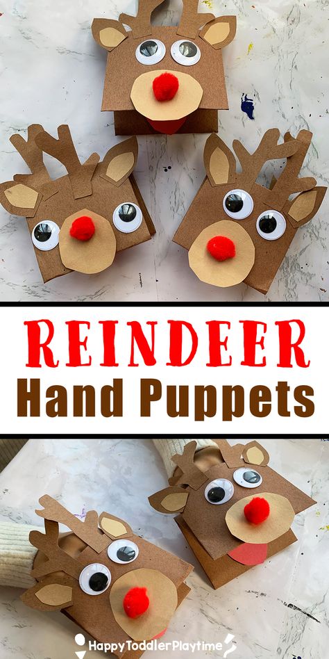 Adorable Reindeer Hand Puppet Craft - Happy Toddler Playtime Reindeer Puppet Paper Bag, Reindeer Paper Bag Puppet, Preschool Rudolph Crafts, Construction Paper Puppets, Rudolph Craft Preschool, Christmas Puppet Craft, Rudolph Activities Preschool, Reindeer Art Preschool, Christmas Puppets For Kids