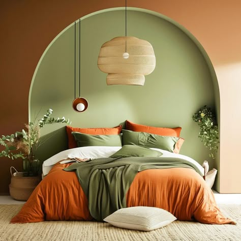 green_and_terracotta_painted_bedroom 14 Terracotta And Olive Green Color Palette, Green Orange And Pink Bedroom, Green Bedroom Paint Colors, Green And Terracotta Bedroom, Terracotta Bedroom Ideas, Olive Green Bedroom, Green Paint Colors Bedroom, Green Bedroom Colors, Street Bedroom