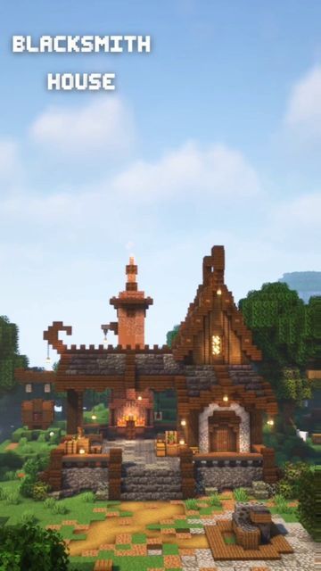 Cottagecore Blacksmith Minecraft, Blacksmith Shop Minecraft, Minecraft Fantasy Village Ideas, Viking Village Minecraft, Minecraft Toolsmith House, Minecraft Weaponsmith House, Black Smith Minecraft, Minecraft Viking Village, Minecraft Forge Design