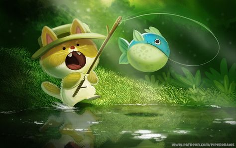 Cryptid Creations, Fishing Illustration, Piper Thibodeau, Fishing Cat, Cat Fishing, Cartoon Fish, Fish Illustration, Daily Painting, Love Illustration