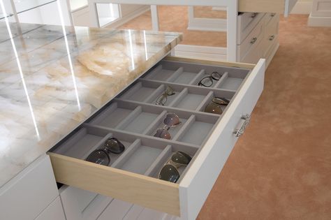 This glasses drawer is the perfect addition to your closet #sunglasses #organization #hercloset Adjustable Closet System, Glasses Organizer, Glass Shelves In Bathroom, Glass Shelves Decor, Glass Shelves Kitchen, Closet Drawer, Modern Closet, Closet Drawers, Bedroom Organization