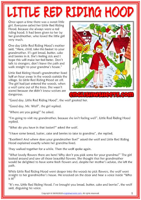 Little Red Riding Hood ESL Reading Text Worksheet For Kids Short Fairy Tales, Red Riding Hood Story, Stories With Moral Lessons, English Moral Stories, Esl Reading, Short Moral Stories, English Stories For Kids, English Short Stories, Reading Comprehension Lessons