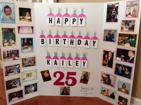 This is something I made to surprise my daughter on a special birthday. I used a tri-fold poster board, attached photos of past birthdays, and for the "cupcakes" I used credit card size envelopes. Each envelope contains either cash or a gift card to one of her favorite places. She loved it!! Poster Board Birthday Card, Poster Board Gift Ideas, Happy Birthday Diy Poster, Birthday Poster For Best Friend, Picture Poster Board Ideas Birthday, Birthday Card Ideas With Pictures, Best Friend Birthday Gift Ideas Poster Board With Pictures, Picture Poster Board Ideas Boyfriend, Birthday Poster Ideas For Boyfriend