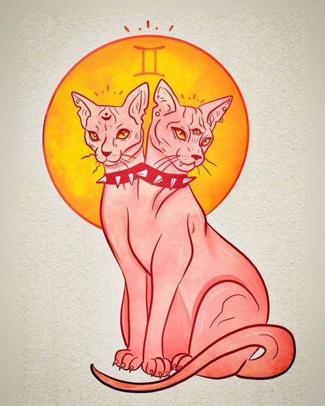 Spooky Gemini Art, Gemini Cat Tattoo, Gemini Drawing Zodiac Art, Gemini Painting, Gemini Tarot Card, Gemini Drawing, Gemini Artwork, Gemini Tattoos, June Gemini